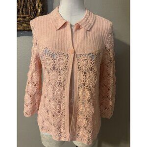 Talbots Womens Cardigan Sweater PM Pink Crochet Lace Cotton Cottagecore Romantic